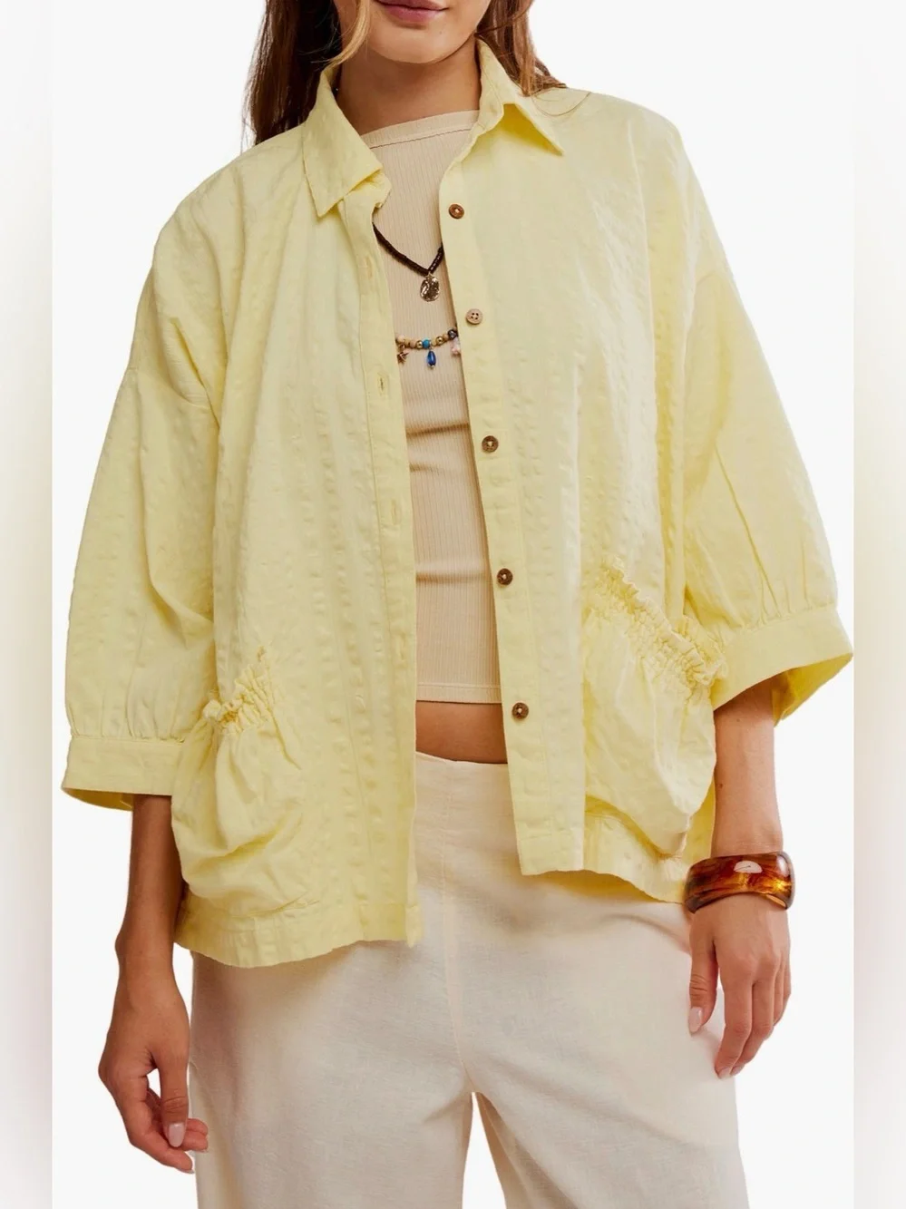 FREE PEOPLE Just Like Me Relaxed Cotton Button Up in Yellow S